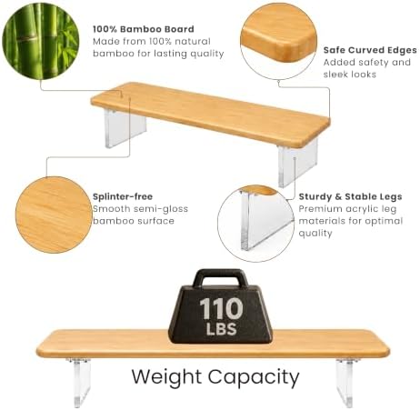 Bamboo Monitor Riser, Wide Desktop Monitor Stand for Desk with Clear Acrylic Legs, 31.5 x 8inch Bamboo Wood Shelf, Fit K