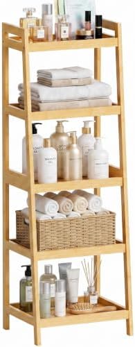 SMIBUY Bamboo Ladder Bookcase, Bathroom Storage Rack Organizer, 4 Tier and 5 Tier Freestanding Plant Display Stand Space