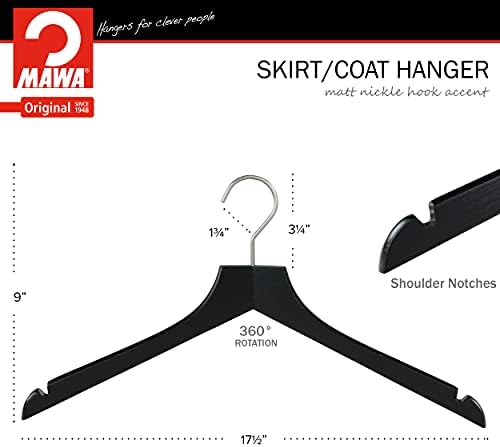 MAWA by Reston Lloyd, European Wooden Hanger, Beech Wood Straight Hanger with Shoulder Notches, Rotating Chrome Hook, Bl