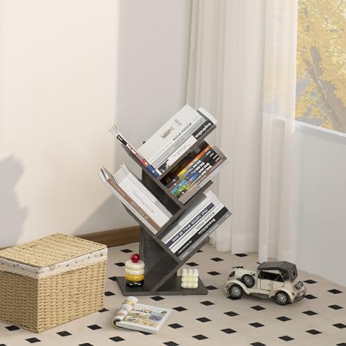 SHEEPAM Small Tree Book Shelf,5 Tier Bookshelf, Wood Desktop Bookcase
