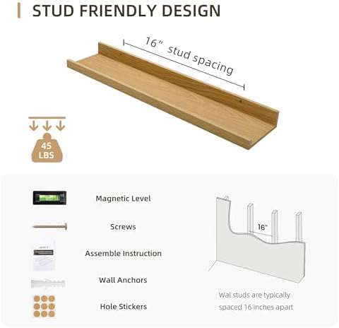 Acovy Picture Ledge Shelf, Wood Floating Shelves Set of 4, 24 inch Picture Ledge Shelves, Photo Ledge Nursery Book Shelves Wall Mounted for Living Room Kids' Room Bedroom, Color Oak