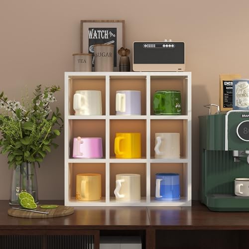 Helsin 9 Grid Vintage Coffee Mug Display Rack, 16inch Wall Mounted Wooden Curio Shadow Box Shelf, Cup Floating Shelves D