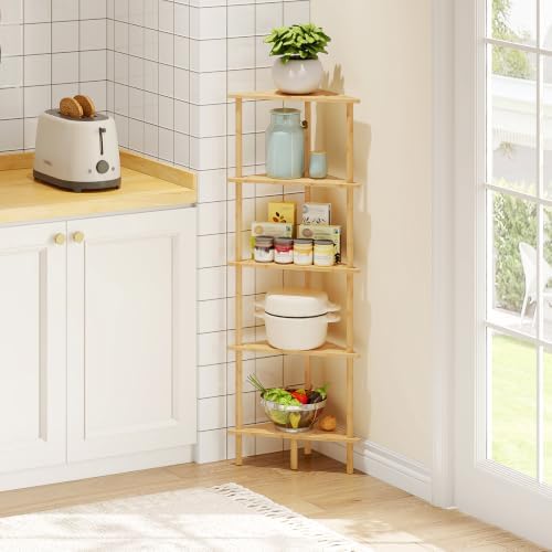 HOOBRO Corner Shelf Stand, 5-Tier Bamboo Corner Bookshelf, Plant Display Shelf, Corner Bookcase, Multipurpose Shelving U