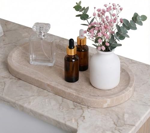 Travertine Vanity Tray for Bathroom Counter, 10"x5" Natural Marble Tray, Hand Polished, Perfume Organizer with Non-Slip 