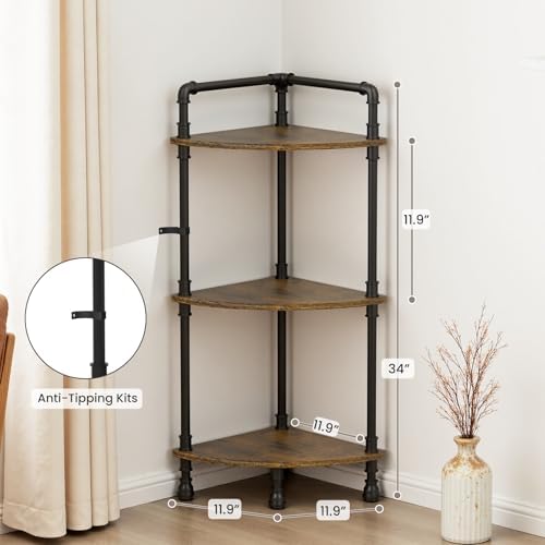 Aduanbang Fun Memories 3-Tier Corner Shelf Stand, Grey Storage Bookshelf for Bathroom, Living Room, Kitchen, Home Office