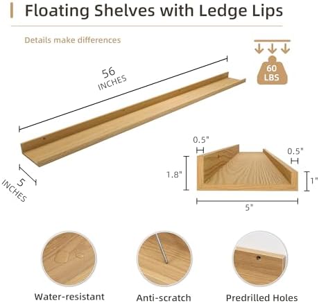 Acovy Picture Ledge Shelf, Wood Long Floating, Set of 2, 56 inch, Oak