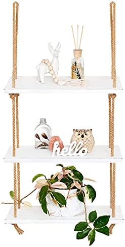 Mkono Hanging Shelves 3 Tier White Wood Wall Mount Floating Shelf with Rope Boho Decor for Living Room Bathroom Bedroom 