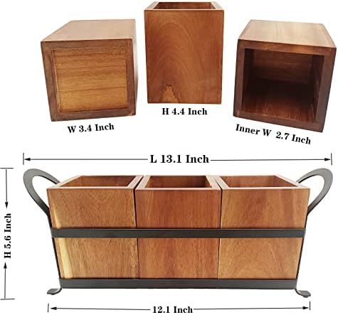 NelyBet Utensil Caddy Silverware Cutlery Holder with 3 Compartment, Wooden Utensil Crock Flatware Organizers with Metal 