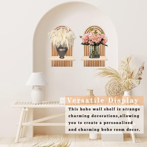 LIYAOLI Boho Plant Wall Shelf Set of 2, Wooden Floating Shelves for Decor