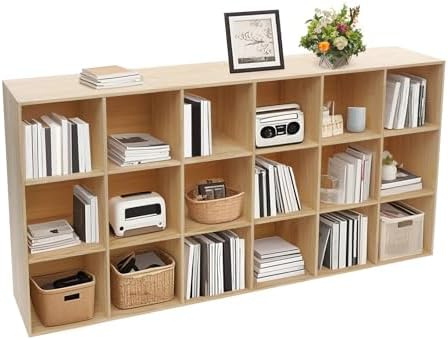 18-Cube Solid Wood Bookshelf, 3-Tier Storage Organizer Semi-Open Floor Display Shelf Closet Cabinet for Home Office Libr