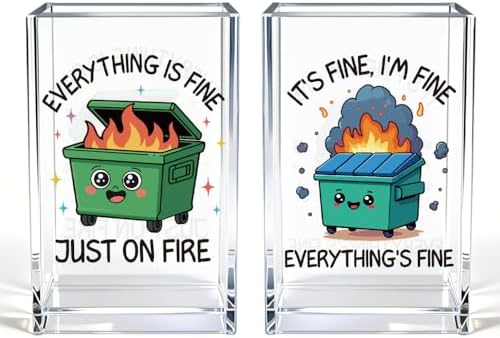 Everything is Fine Just On Fire Acrylic Pencil Pen Holder Cup Set 2, Cute Pencil Holder Desk Organizer, Funny Dumpster Fire Desk Accessories, Sarcastic Office Gifts for Women Coworkers Teachers