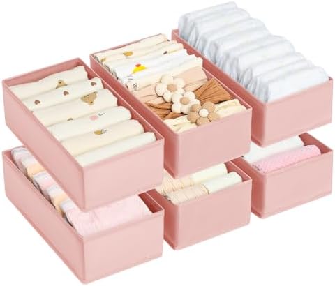 DIMJ Drawer Organizer Clothes - Underwear Organizer Closet Organizers and Storage Box Dresser Organizer,Drawer Dividers for Baby Clothes,Bra,Socks, Belt, Tie, Set of 6,Pink