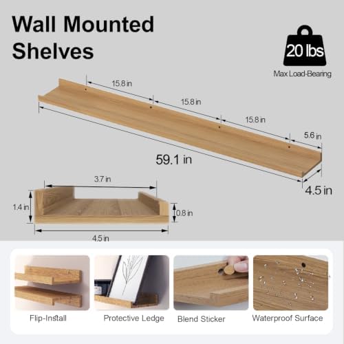 Oak Floating Shelves for Wall Decor, 60 in Shelf with Lip, 2 Set