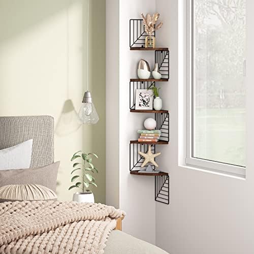 Love-KANKEI Corner Wall Shelf 5 Tier,Solid Wood with Bracket,51"Tall,Walnut
