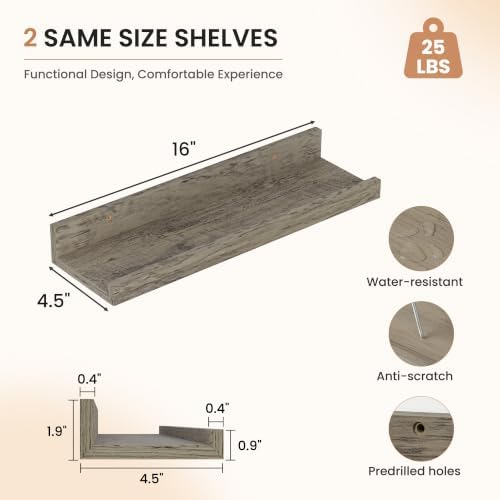 Dreamland Picture Ledge Shelf for Wall, Floating Shelves Set of 4,16 inch Long Floating Shelves with Lip for Living Room,Bedroom,Bathroom,Kitchen,Grey