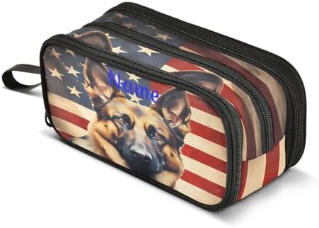 Custom Dog German Shepherd Flag Pencil Case Box Boys Girls Personalized Name Large Pencil Pouch Stationery Pen Bag Organizer for Kids Adults School Office