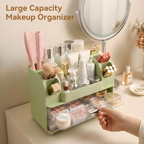 Makeup Organizer for Vanity with 2 Large Drawers and 6 Brush Holders, Green