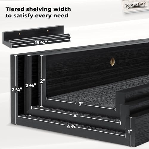 Icona Bay 16 Inch Floating Shelves for Wall - Set of 3 in Ebony Black - Modern Rustic Style - Wall Mounted Display Shelv