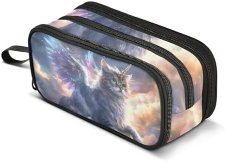 Unicorn Cat with Wings Pencil Case Box Boys Girls Large Pencil Pouch Zipper Compartments Big Capacity Stationery Pen Bag Organizer for Kids Teens Adults School Office