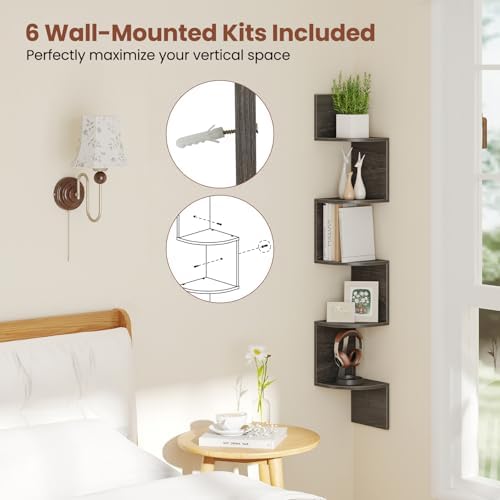 GIANTEX Corner Shelf Wall Mounted Set of 2, 5-Tier Floating Corner Bookshelf, Home Storage Organizer, Wooden Display Sta