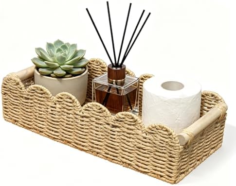 Scalloped Wicker Toilet Paper Storage Basket, Home Decor Baskets,Paper Rope Small Basket,for Over Toilet Storage Shelf, 