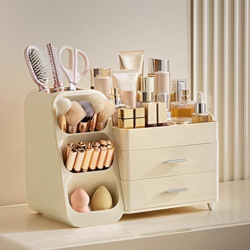 HBlife Makeup Organizer with Brush Holder for Vanity, Large Plastic Bathroom Countertop Organizer Skin Care Storage, Eas
