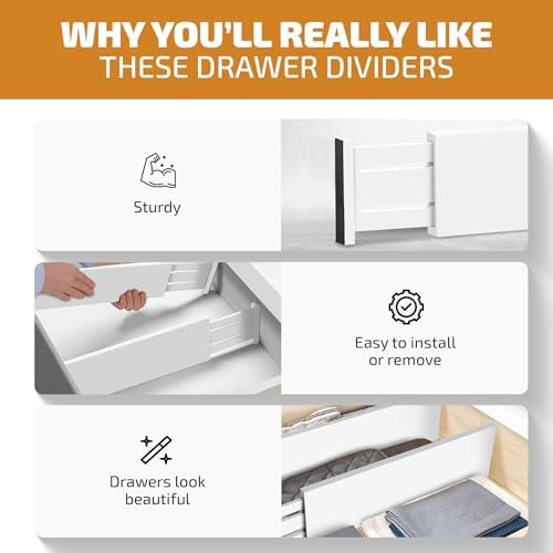 6-Pack Drawer Dividers - 6 Inches High, Adjustable 11 to 17 Inches Bamboo Drawer Organizer, Large Expandable Separator for Clothes, Dresser, Bedroom, Bathroom, Baby, Office, Kitchen Utensil, White