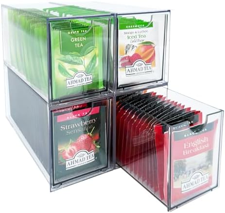AZEZO 4-Pack Tea Bag Drawers Organizer - 4 Clear Plastic Drawer Tea Bag Holder; Stackable & Portable; Wider Size; Well-O