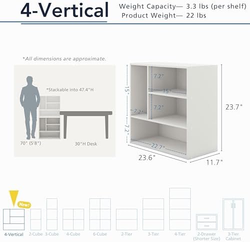 HOMES: INSIDE + OUT Apexa 4-Vertical Storage Organizer Shelves, Stackable Wood Bookcase for Organization, Dorm Teen Room