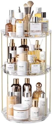 Delamu 3 Tier Rotating Makeup Organizer for Vanity, Bathroom Counter Organizer with Stackable Design, Spinning Skincare 