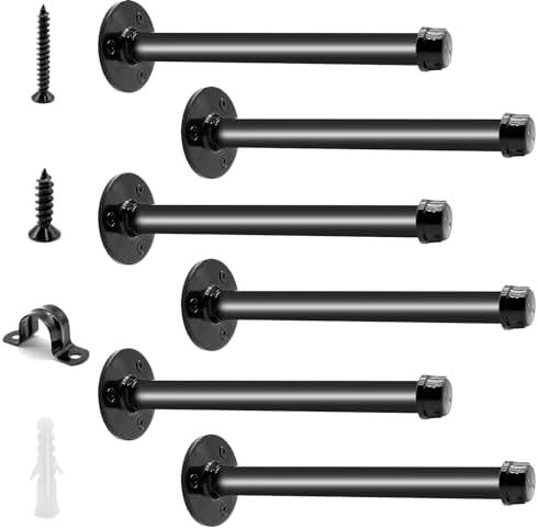 6 Pack Pipe Shelf Brackets 10 Inch, Industrial Iron Pipe Floating Shelves Bracket Heavy Duty Metal Shelving Brackets for