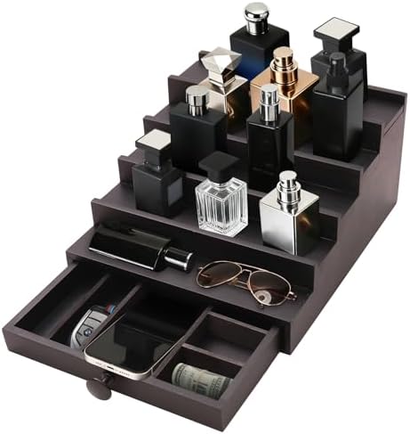 5 Tier Men's Cologne Organizer, Black Wood Display Stand Holder with Drawer