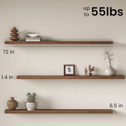 72 Inch Floating Shelves for Wall, Rustic Wood Wall Mounted Deep Storage Shelves with Invisible Brackets, Panoramic Deco