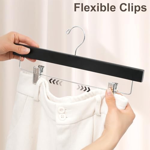 BAGAIL 20 Pack Wooden Pants Hangers with Adjustable Clips, 360°Swivel Hook Space Saving Skirt Holders with Anti-Rust Clips for Trousers, Jeans, Shorts (Black)