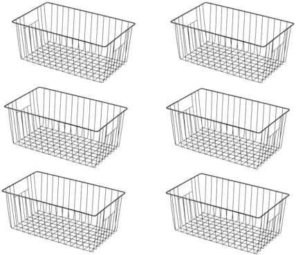 16inch Freezer Wire Storage Organizer Baskets, Household Refrigerator Bins with Built-in Handles, Black, 6PACK