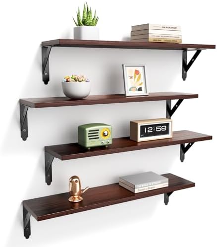 ROMGUAR CRAFT Wood Wall Floating Shelves Set of 4, 23.6" x 6" - Brown