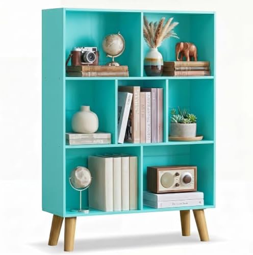 YAHARBO Green Bookshelf,3 Tier Book Shelf with Legs, 7 Cube Minimalist Bookcase,Storage Organizer Shelves Display Bookca