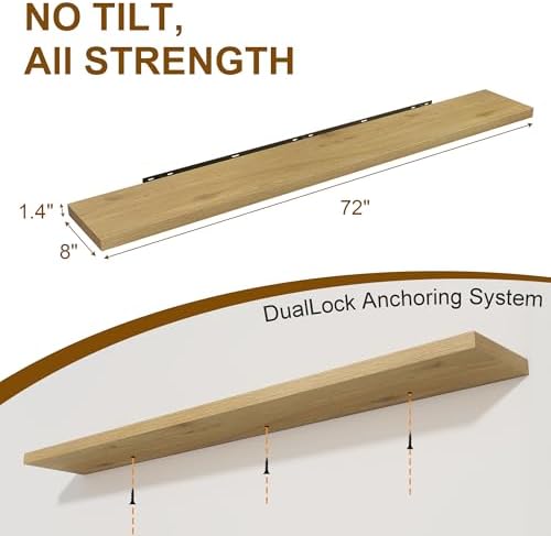 Fun Memories 72 Inch Floating Shelves for Wall, 8 Inch Deep Floating Shelf, Large Shelves with Invisible Bracket for Boo