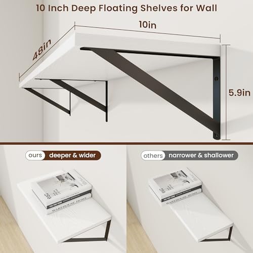Axeman Deep Floating Shelves, 48'' x 10'' White Wall Shelves Set of 2