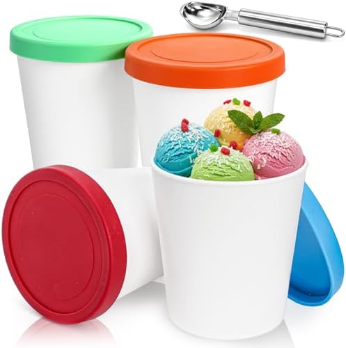 Peohud 4 Pack Ice Cream Containers, 1 Quart Freezer Storage Tubs with Silicone Lids and Spoon for Ice Cream, Sorbet and Gelato, Freezer Dishwasher Safe