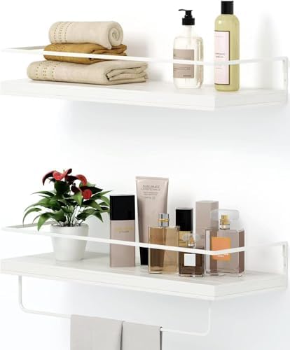 Shario Floating Shelves - Set of 2, Wall Mounted Hanging Shelves with White Towel Rack, Decorative Storage Shelves for B