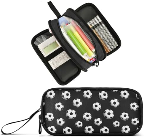 Wfrish Football Soccer Ball Black Large Capacity Pencil Case, 3 Compartments Pen Pouch Organizer for School College Office, Zippers Big Pencil Bag for Teens Adults Girls Boys Makeup