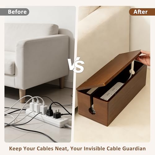 Large Wooden Cable Management Box, Power Strip Cord Organizer Box