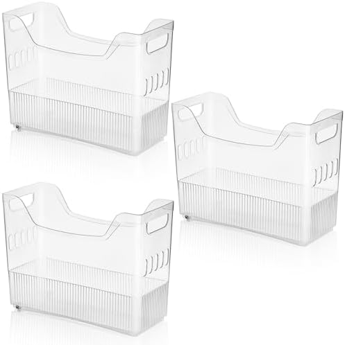 Peohud 3 Pack Freezer Organizer Bins with Wheels, Clear Plastic Pantry Storage Organizer with Handle, Tall Narrow Kitche