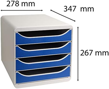 Exacompta - Ref 310003D - BIG-BOX Desktop Drawer Set - 4 x 55mm Drawers, Suitable for A4+ Documents, 347 x 278 x 267mm, 100% Recycled Plastic - Light Grey/Blue
