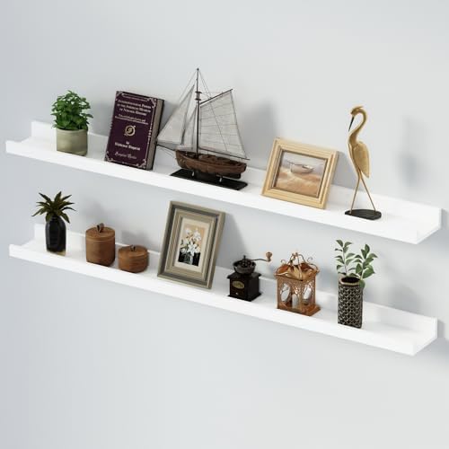 SAUMONIERES Picture Ledge Shelf Floating Book Shelves Set of 2 Wall Mounted Solid Wood for Bedroom Bathroom Living Room 