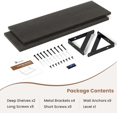 Axeman 24 Inch Floating Shelves, 8 Inch Deep Black Wall Shelves Set of 2