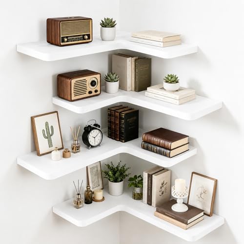 Solid Wood Corner Floating Shelves, L-Shaped, White, Set of 4