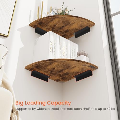 Homode Corner Wall Shelf, 12 Inch Wide Wooden Corner Floating Shelves with Cord Hole, Set of 4 Round Corner Hanging Stor