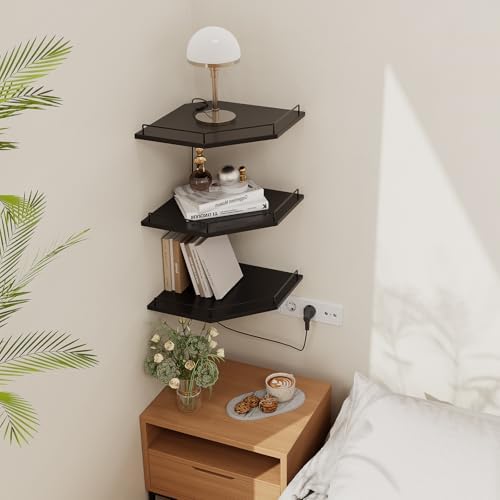 JJL Corner Shelf with Rails, 3-Tier Hexagon Floating Corner Shelf Wall Mounted, 12 Inch Black Rustic Wood Heavy Duty Wal